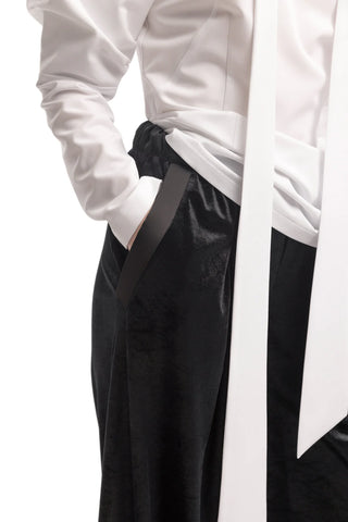 Pantaloni largi din catifea cu detalii din satin, culoare neagră