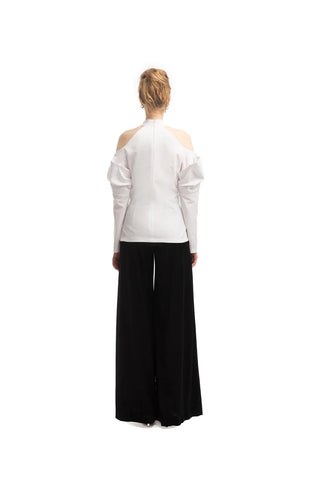 Pantaloni largi din catifea cu detalii din satin, culoare neagră