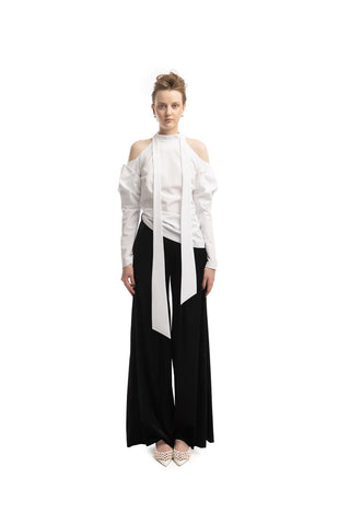 Pantaloni largi din catifea cu detalii din satin, culoare neagră