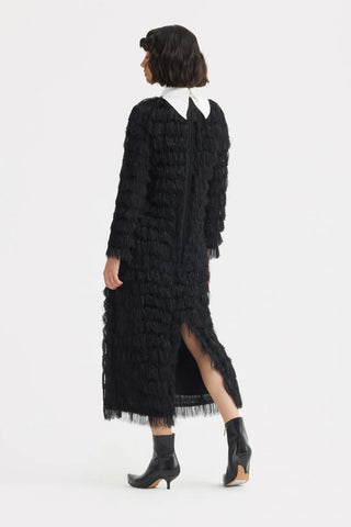Rochie de seară cu franjuri, croială dreaptă și lejeră – Negru strălucitor