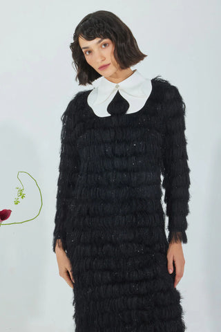 Rochie de seară cu franjuri, croială dreaptă și lejeră – Negru strălucitor