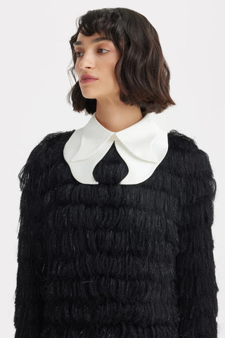 Rochie de seară cu franjuri, croială dreaptă și lejeră – Negru strălucitor