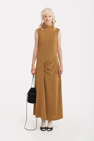 Evening Metallic Knit Sleeveless Long Dress - Bronze