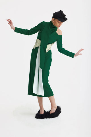 Rochie midi elegantă de seară cu umăr deschis – Verde