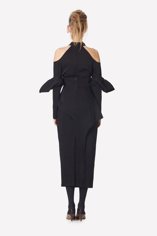 Rochie midi la modă cu umerii goi și curea asimetrică — negru