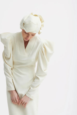 Rochie midi din crep cu mâneci statement — ivoire