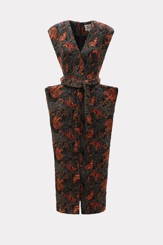 Rochie midi cu centură și umeri accentuați din jacquard negru-roșu