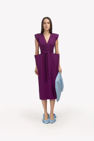 Rochie midi cu centură și umeri accentuați, culoare violetă
