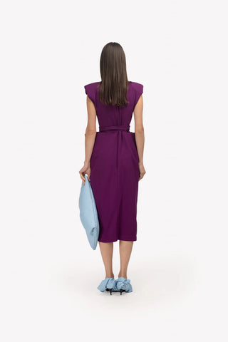 Rochie midi cu centură și umeri accentuați, culoare violetă