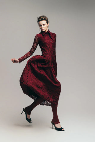 Rochie cămașă feminină din dantelă cu jumătate de nasturi, burgundy