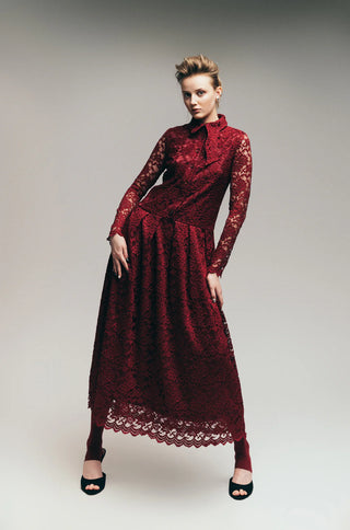 Rochie cămașă feminină din dantelă cu jumătate de nasturi, burgundy