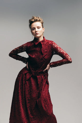 Rochie cămașă feminină din dantelă cu jumătate de nasturi, burgundy