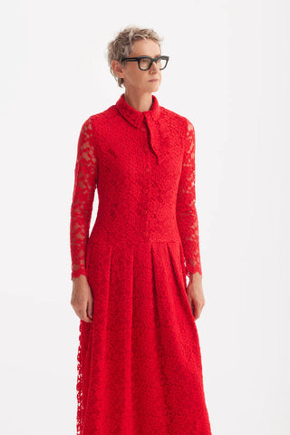 Элегантное кружевное платье-рубашка с половинной планкой, красное
