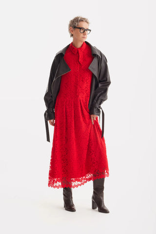 Элегантное кружевное платье-рубашка с половинной планкой, красное