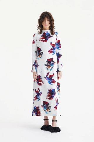 Rochie lungă în A cu imprimeu de pești Albă