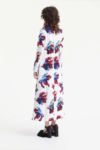 Платье А-силуэта Макси с Принтом Рыб Белое