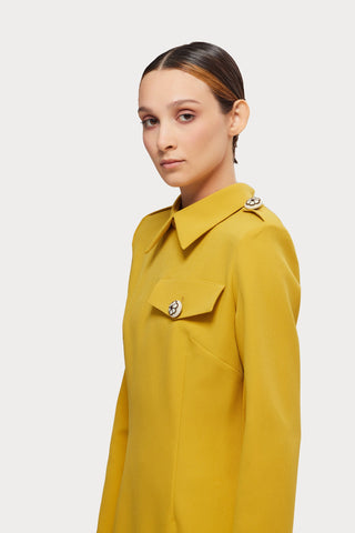 Fitted Long Sleeve Dress With Stand-Up Collar Yellow