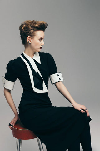 Formal Fitted Dress With White Collar - Office To Evening Style Black