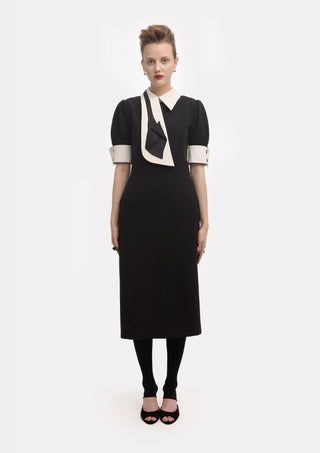 Formal Fitted Dress With White Collar - Office To Evening Style Black