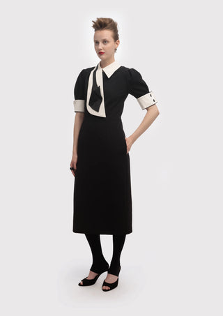 Formal Fitted Dress With White Collar - Office To Evening Style Black