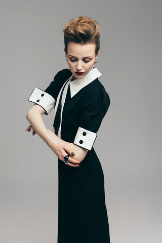 Formal Fitted Dress With White Collar - Office To Evening Style Black