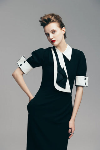 Formal Fitted Dress With White Collar - Office To Evening Style Black