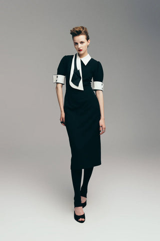 Formal Fitted Dress With White Collar - Office To Evening Style Black