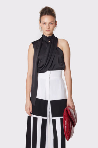 Top Asimetric din Satin cu Guler Tip Choker Negru