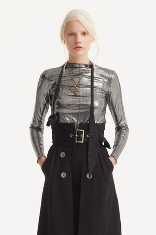 Glitter-Effect Fitted Long Sleeve Blouse Silver