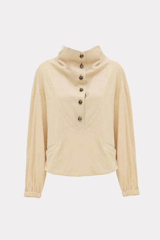 High-Neck Button-Up Loose Fit Blouse Faux Suede Pale Yellow