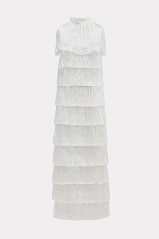 High Neck Fringed Evening Maxi Dress White
