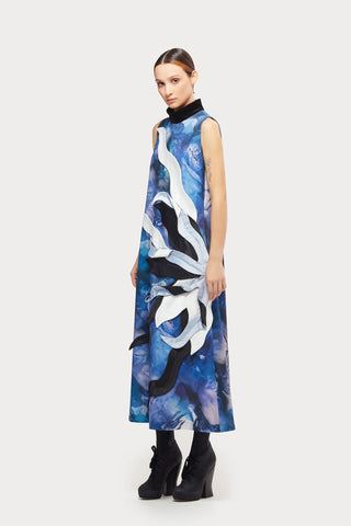 High Neck Sleeveless Dress Abstract Print Blue