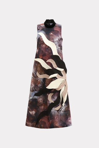 High Neck Sleeveless Dress Abstract Print Brown