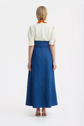 Fustă lungă A-line cu talie înaltă și curea - denim albastru