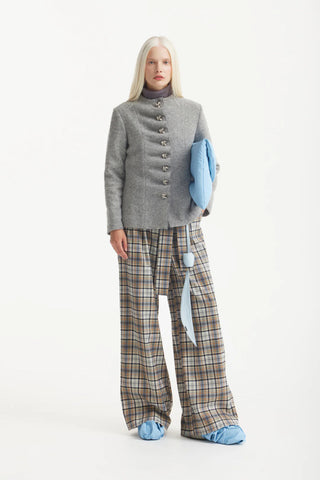 Pantaloni cu Talie Înaltă și Croi Larg – Carouri Bej-Negru