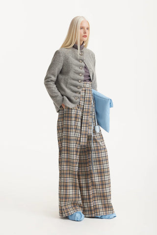 Pantaloni cu Talie Înaltă și Croi Larg – Carouri Bej-Negru