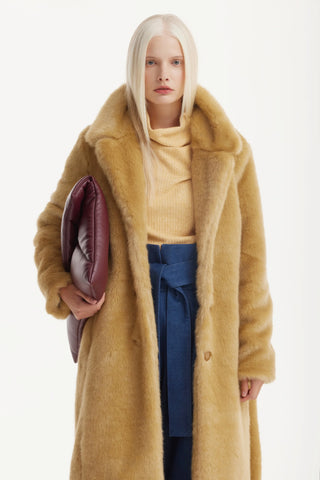 Demi-Season Solid Faux Fur Coat Warm Beige