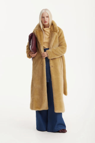 Demi-Season Solid Faux Fur Coat Warm Beige