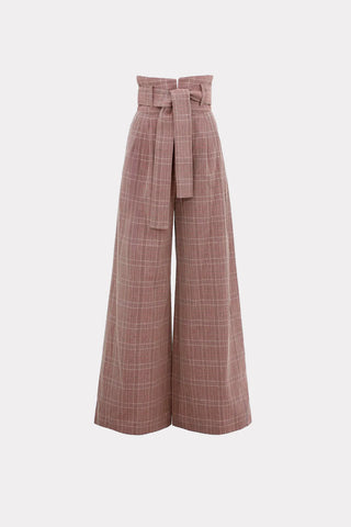 High Waist Long Wide Leg Trousers Warm Taupe With White Grid