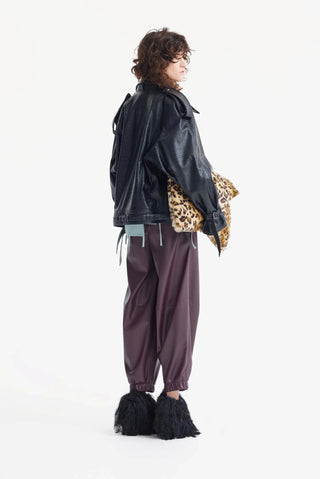 High-Waisted Wide Leg Faux Leather Joggers Dark Burgundy