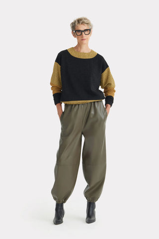 Pantaloni Joggeri cu Talie Înaltă și Croi Larg din Piele Ecologică — Kaki