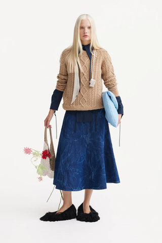 A-Line Flare Pleated Denim Skirt Blue