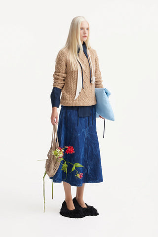A-Line Flare Pleated Denim Skirt Blue