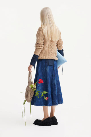 A-Line Flare Pleated Denim Skirt Blue