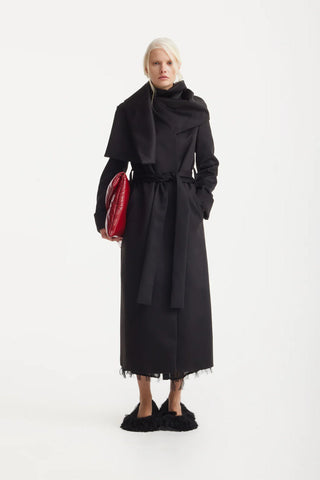 Long Wrap Coat With Drape Collar Black