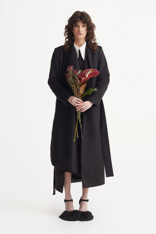 Long Wrap Coat With Drape Collar Black