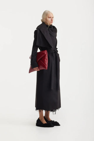 Long Wrap Coat With Drape Collar Black