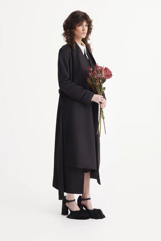 Long Wrap Coat With Drape Collar Black
