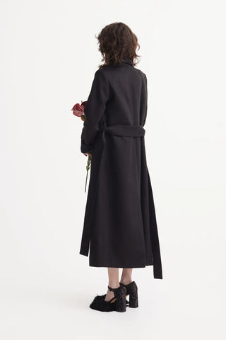 Long Wrap Coat With Drape Collar Black