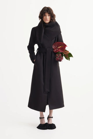 Long Wrap Coat With Drape Collar Black